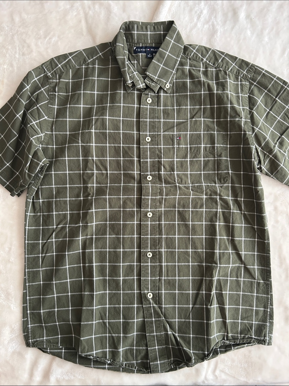 Tommy Hilfiger Olive Green Windowpane Short-Sleeve Shirt Size Medium